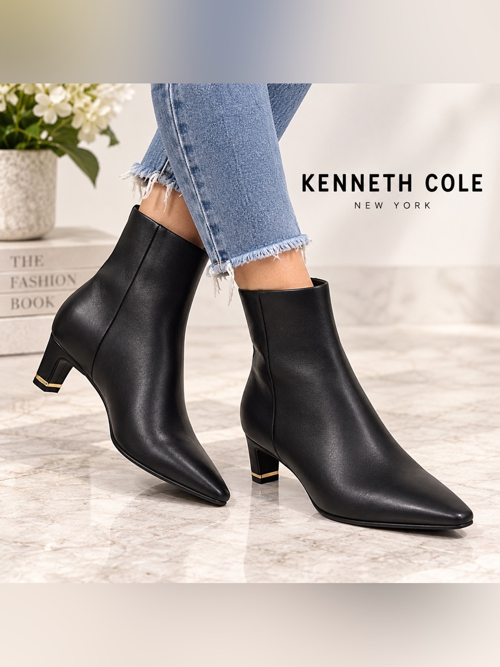 Kenneth Cole New York Black Leather Pointed Toe Ankle Boots Size 7.5M NWOB